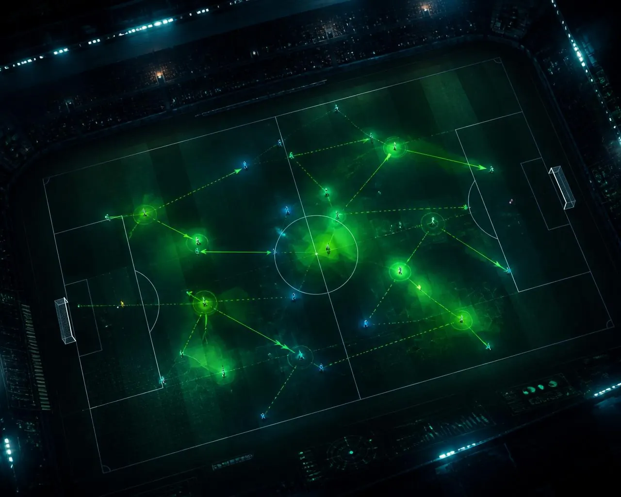 Vista táctica de un partido con mapa de calor y trayectorias en Top Soccer Team